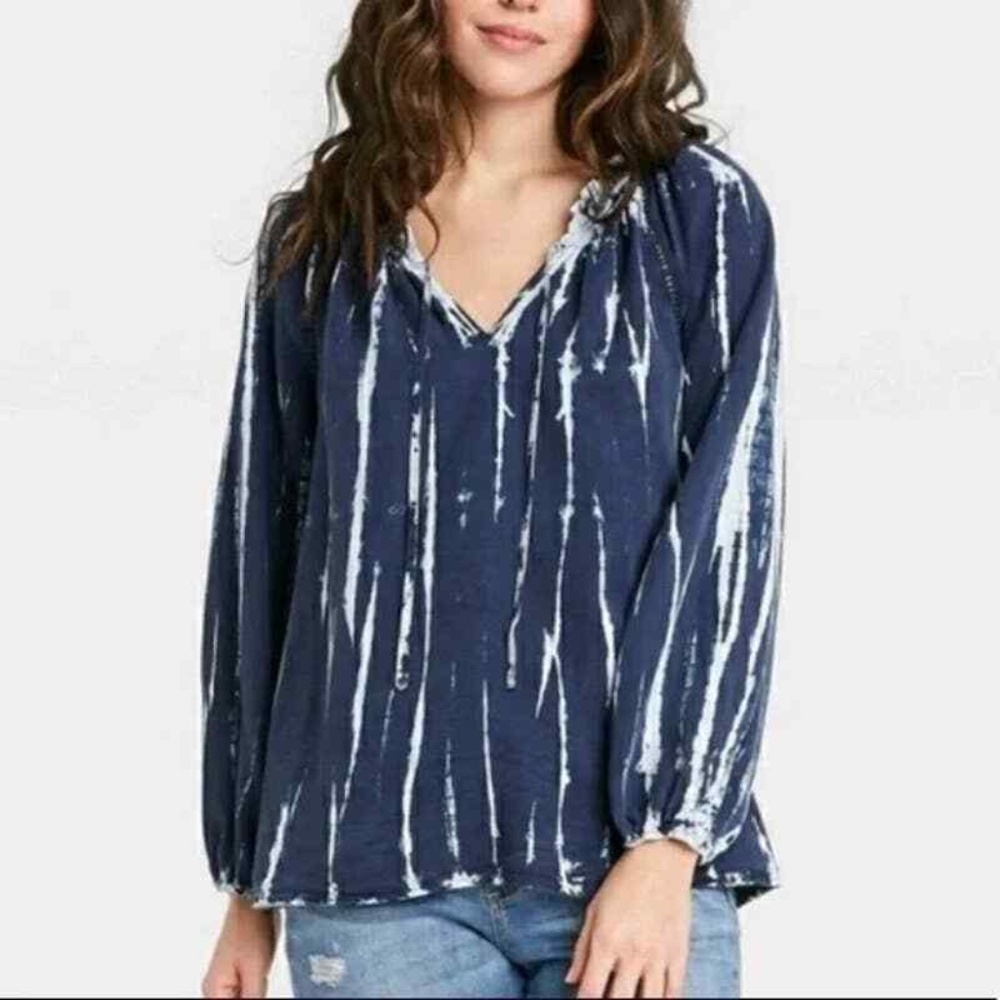 Knox Rose Women's XL Blue Tie Dye Blouse Ruffle Split Neckline Boho Peasant LS - Picture 1 of 13